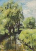 * Christopher Bramham [b.1952]- Summer river landscape,:- signed bottom left oil on canvas board 34.