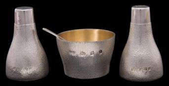 A modernist silver three-piece cruet set, maker House of Lawrian, London,