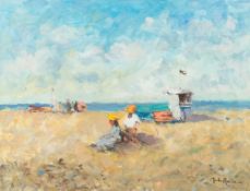 * John Ambrose [1931-2010] - Summer beach scene,:- signed oil on board, 30 x 39cm.