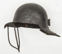 A Cromwellian-style lobster pot helmet: with hinged peaked visor and pinned flanged neck guard.