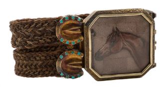 A late 19th century turquoise set gilt horse hair bracelet:,