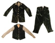 A Victorian three piece green velvet coachman's livery:, comprising an overcoat,