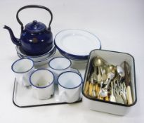 A collection of WWI period silver plated cutlery, enamel teapot and saucepan:,