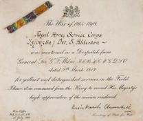 A WWI bar badge and Dispatch certificate for the Salonika Expedition to T/3 023841 Dvr E Alderson