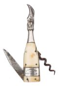 An early 20th century ivory and silver plate mounted champagne bottle penknife with corkscrew:,