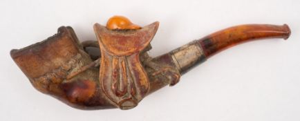 A meerschaum and amber horse racing themed pipe:, the bowl in the form of an inverted horse's hoof,