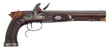 An 18th century 10 bore saw handled flintlock target pistol by Staples, London:,