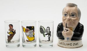 A Price Kensington Harold Wilson 'Gurgling Jug' together with three glasses with political