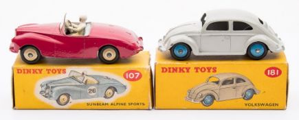 Dinky No 107 Sunbeam Alpine Sports Car:, cerise body with white plastic driver, no decals,