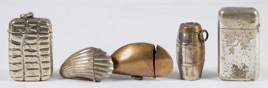 A group of five brass and nickel plated vesta holders:, comprising a barrel, a shell,