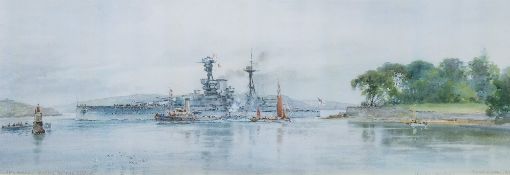 After Frank Wood - HMS Royal Oak entering Plymouth Harbour,:- coloured print, 14 x 41cm.