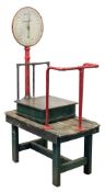 A set of railway platform balance scales: with 37cm repainted scale on plain column with balance
