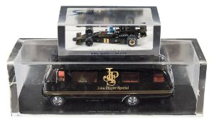 Sparks S0280 Team Lotus Dodge Travco team bus: together with JPS Lotus 76, both boxed.