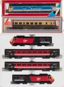 Hornby and Lima OO/HO gauge: an HST in Virgin Railway livery with two central coaches and dummy car,