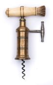 A Dowler King's screw patent corkscrew:, circa 1820, narrow rack with turned bone handle with brush,
