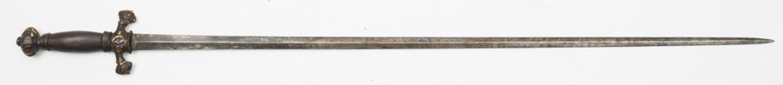 A mid-17th century pillow sword:, the flat double edge blade over quillons with traces of gilding,
