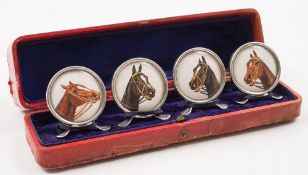 A set of four Edwardian silver framed watercolour horse portrait place name holders,