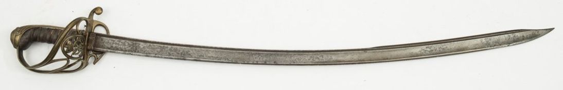 A George IV Officer's dress sword:, the curved blade with clipped back point and top fuller,