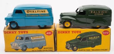 Dinky 472 Austin Van in 'Raleigh Cycles' livery together with 481 Bedford 10cwt van in 'Ovaltine'