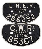 A GWR wagon plate and a LNER wagon plate dated 1946:,
