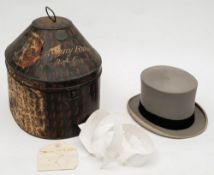 A grey top hat by Scott & Co, London:, 61cm diameter, together in a toleware hat box by Gieves,
