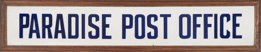 An early 20th century enamel sign for 'Paradise Post Office':, blue text on a white ground,
