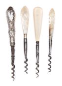 A group of four various late 19th /early 20th century perfume bottle corkscrews:,