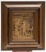An early 20th century Austrian carved limewood bas-relief scene of Tyrollean hunters:,