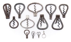 A group of nine steel and iron folding corkscrews:, together with four miniature folding corkscrews,