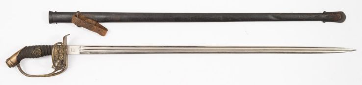 A Prussian M1889 pattern sword by W K & C:, the straight single edge blade with double fuller,