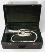 An American King two valve marching Bugle, No 00577: with nickel plated finish in a fitted case.