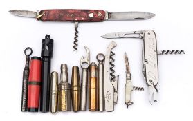 A collection of various picnic, advertising and direct pull corkscrews and waiter's friends:,