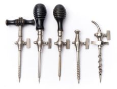 A group of five various champagne taps:, three with ebonised handles (5).
