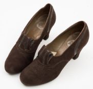 A pair of 1941 Utility lady's brown suede and leather high heel shoes by Church's, London:,
