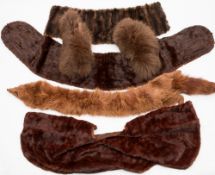Two mid 20th century fur stoles, a cape, a mink stole and a pair of cuffs.