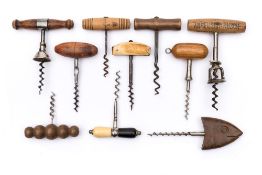 A group of various wooden handled corkscrews:,