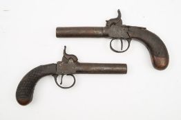 A pair of 19th century percussion cap pistols:, unsigned, with plain 3 1/4 inch barrels,