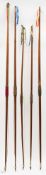 WITHDRAWN A group of five horn tipped yew wood long bows,
