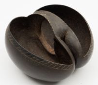 Coco du Mer (Lodoicea) cut to make a two division basket:, 26cm long,
