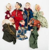 A group of seven German felt headed fairy tale character glove puppets:, King and Queen,