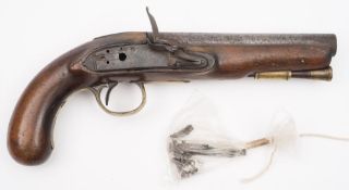 A 19th century flintlock pistol:, the plain 6 1/2 inch barrel signed 'Shadwell Patrole',