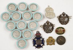 Two Royal Flying Corp (RFC) cap badges and a collection of Observer Corps enamel lapel badges and