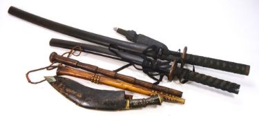 A reproduction Japanese katana and a reproduction wakizashi:,