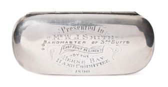 A Victorian silver presentation cheroot case to 'Mr W J Smith Band Master of 3rd Buffs East Kent