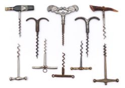 A group of ten various 'T'- handle and finger pull corkscrews:,