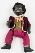A late 19th century black doll:, applied hair over mache head with painted face,