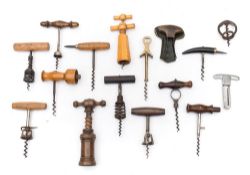 A collection of various corkscrews:, including rosewood handle, advertising and two spring examples,