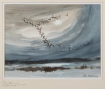 * Hugh Brandon-Cox [1917-2003]- Pink Feet Geese near Scolt Head,:- signed bottom right,