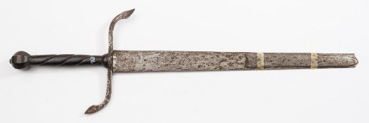 A German two-handled broadsword:, the broad flat blade over recurved hilt with pointed quillons,