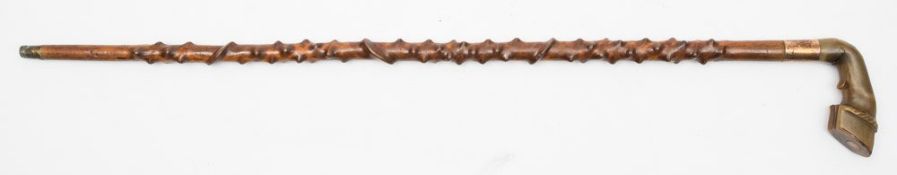 A 19th century carved horn horse hoof handled walking stick:,